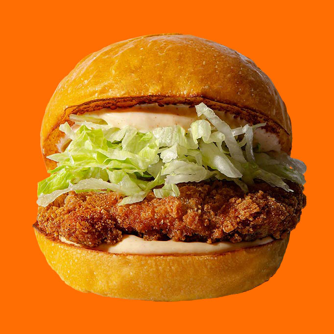 PUOK sandwich with fried chicken, salad and sauces